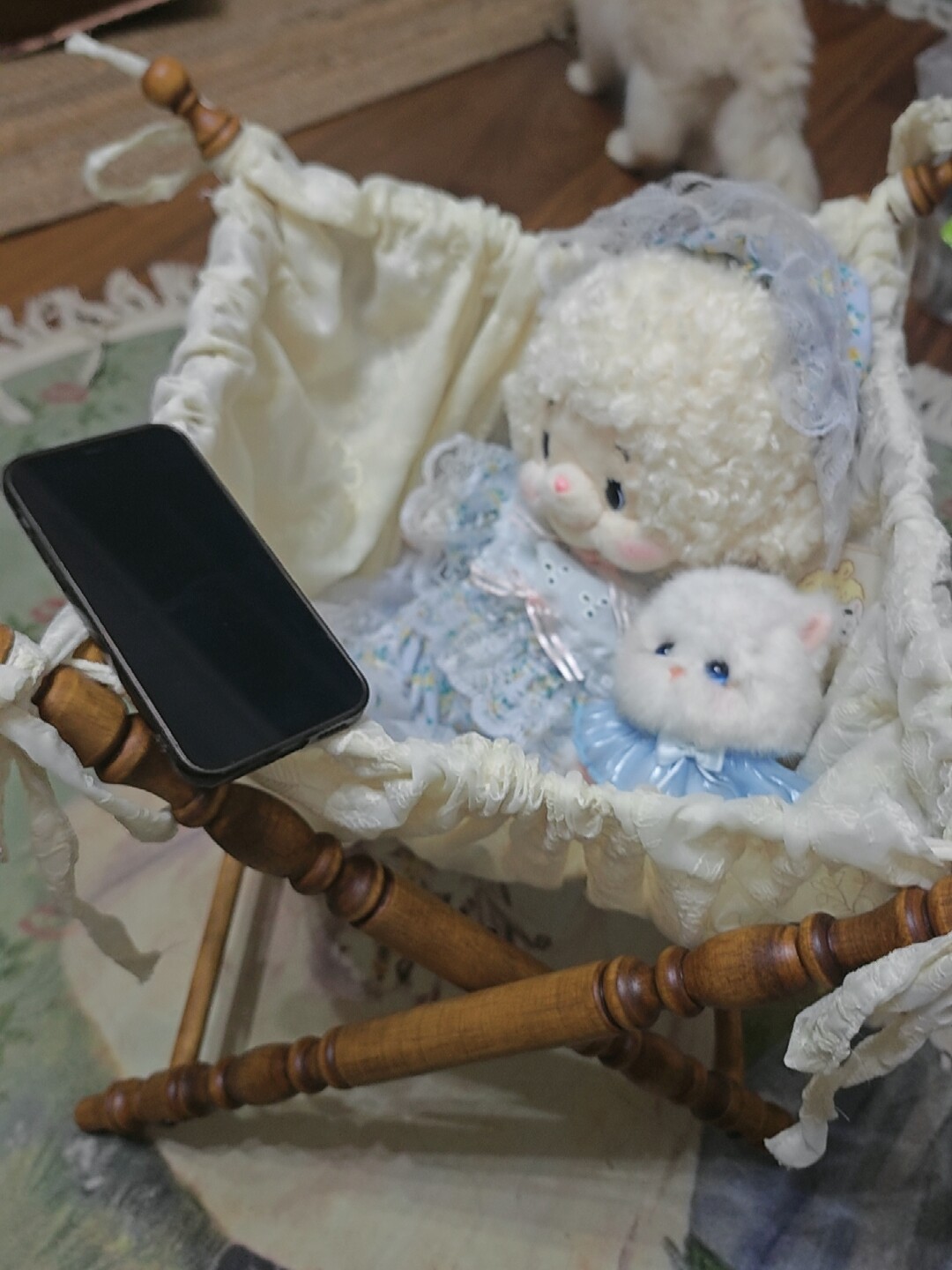 wooden storage basket for pet toys in a customer's home - Vintage French Fabric Pet Storage Hamper